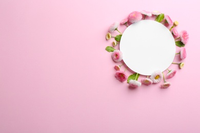 Photo of Flat lay composition with spring daisy flowers and card on color background. Space for text