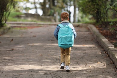 Photo of Little boy with backpack going to school, back view