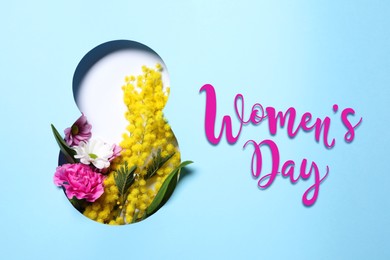 Image of 8 March - Happy International Women's Day. Greeting card design with different flowers, top view