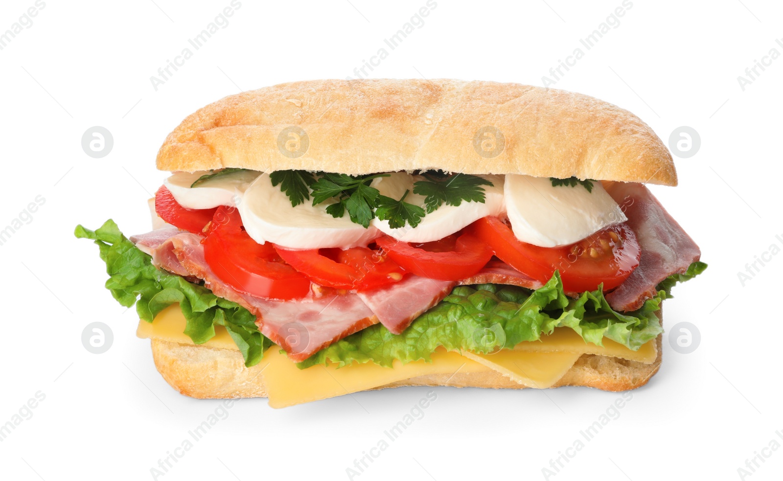 Photo of Delicious sandwich with fresh vegetables and mozzarella isolated on white