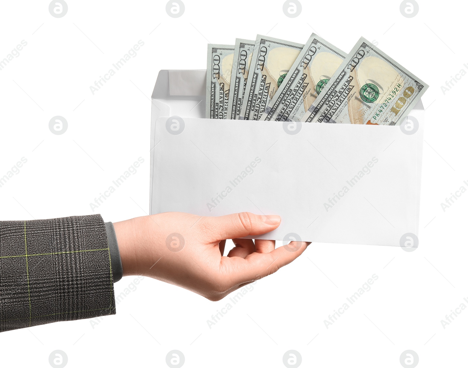 Photo of Money exchange. Woman holding blank envelope with dollar banknotes on white background, closeup