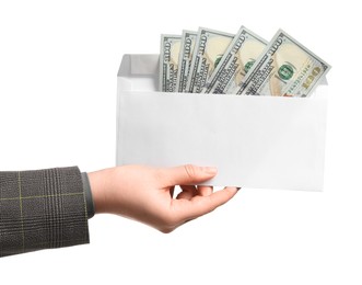 Photo of Money exchange. Woman holding blank envelope with dollar banknotes on white background, closeup