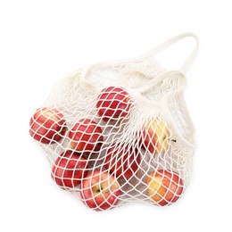 String bag with apples isolated on white, top view
