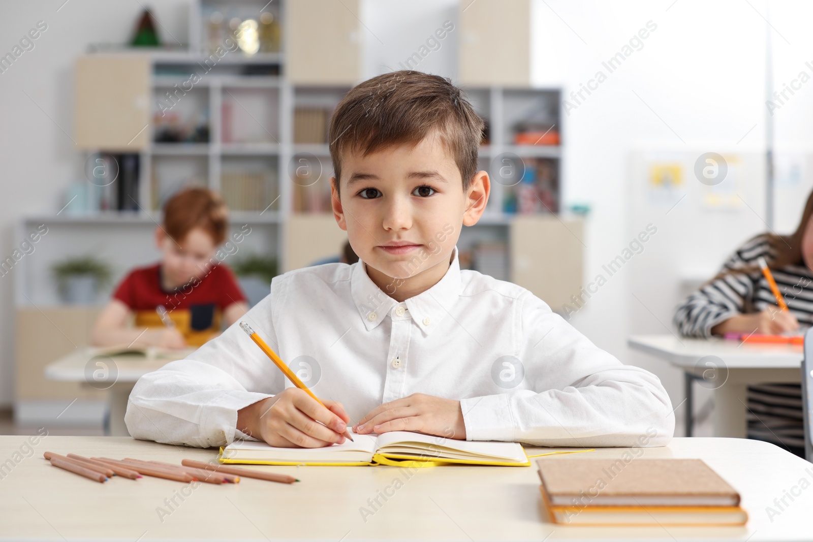 Photo of Portrait of cute little boy studying in classroom at school