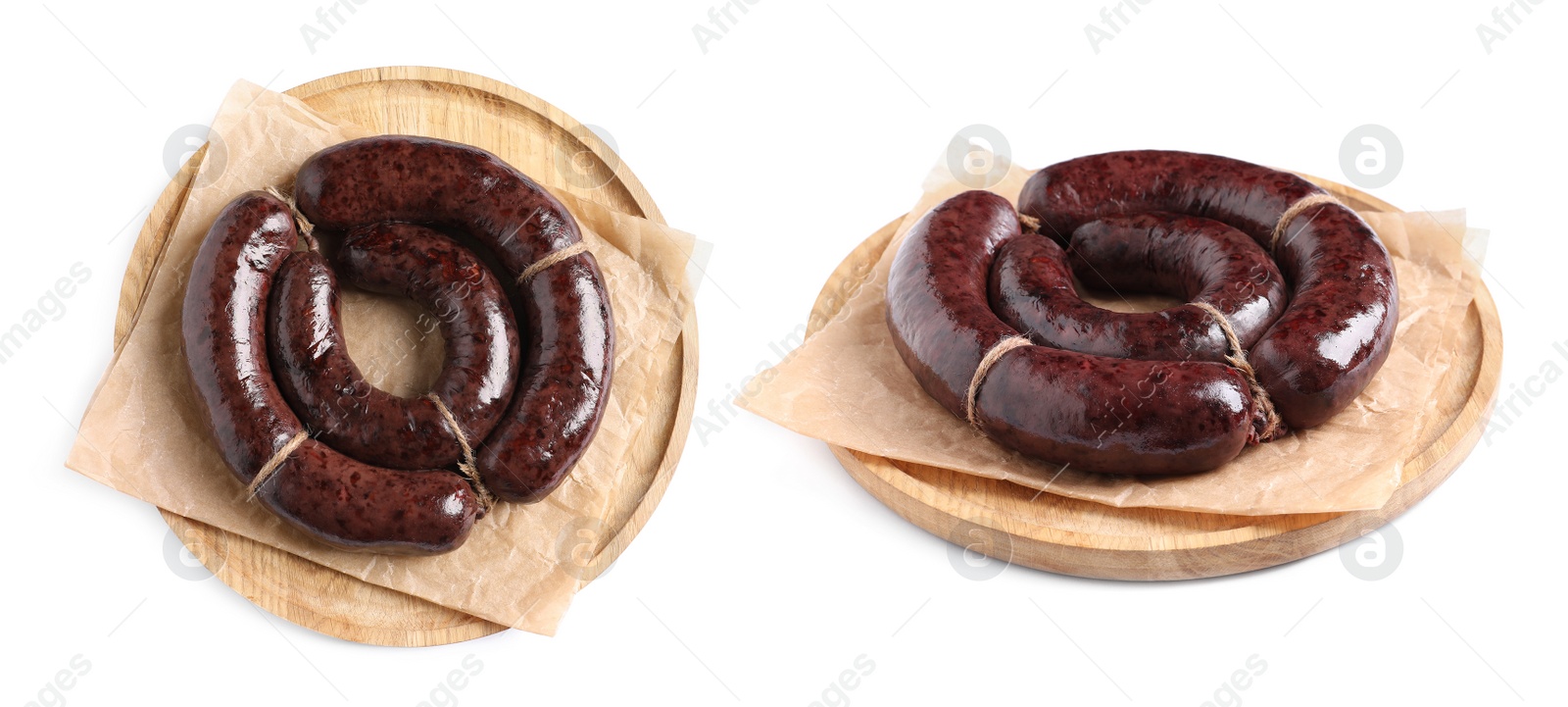 Image of Tasty blood sausages on white background, collage. Banner design