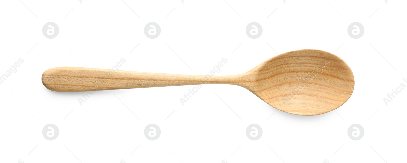 Photo of One empty wooden spoon isolated on white, top view