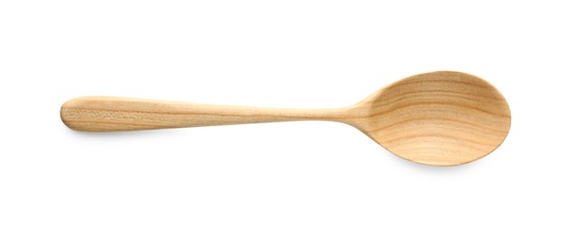 Photo of One empty wooden spoon isolated on white, top view