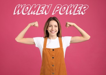 Image of 8 March greeting card. Phrase Women Power and strong young girl on pink background