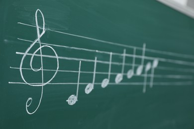 Photo of Musical notes written with chalk on green board, closeup