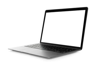 Photo of Laptop with blank screen isolated on white. Mockup for design