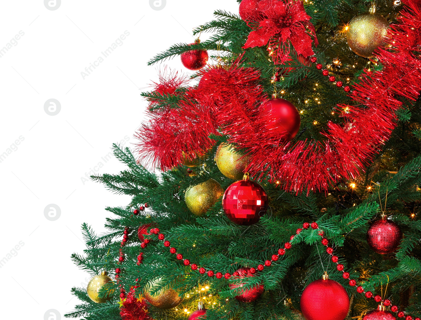 Photo of Beautiful Christmas tree decorated with ornaments and garland isolated on white