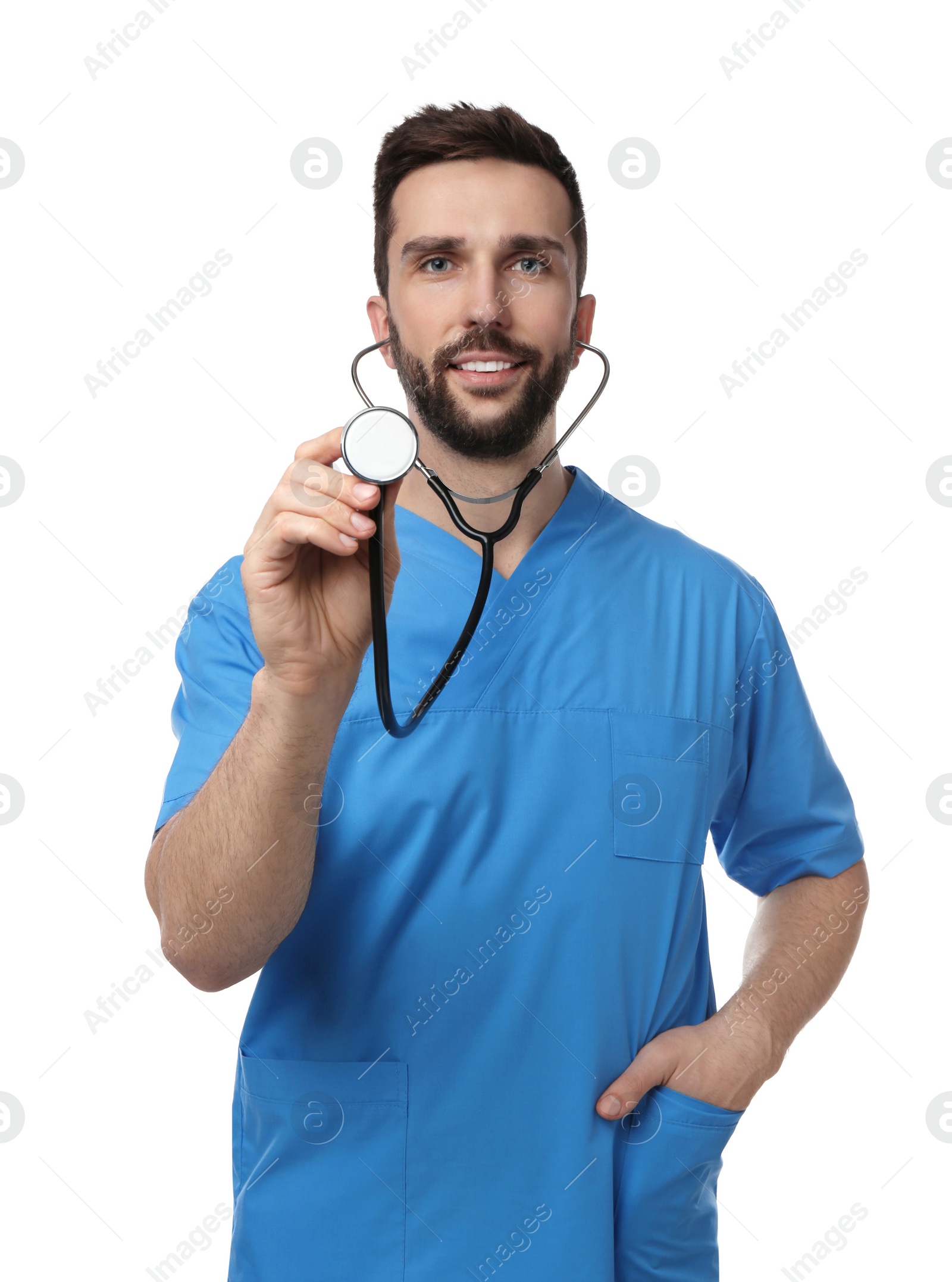 Photo of Doctor with stethoscope on white background. Cardiology concept