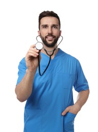 Photo of Doctor with stethoscope on white background. Cardiology concept