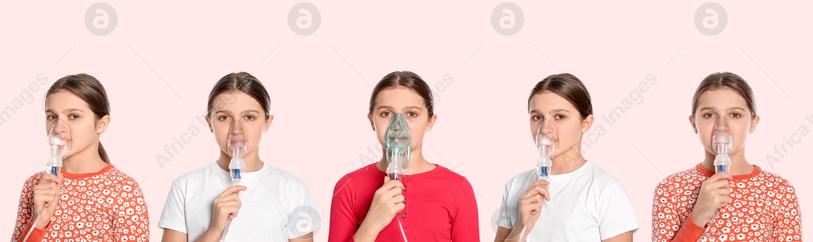 Image of Inhalation therapy. Collage with photos of girl using nebulizer on pale pink background