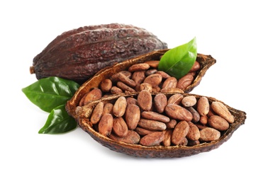 Photo of Composition with cocoa beans on white background