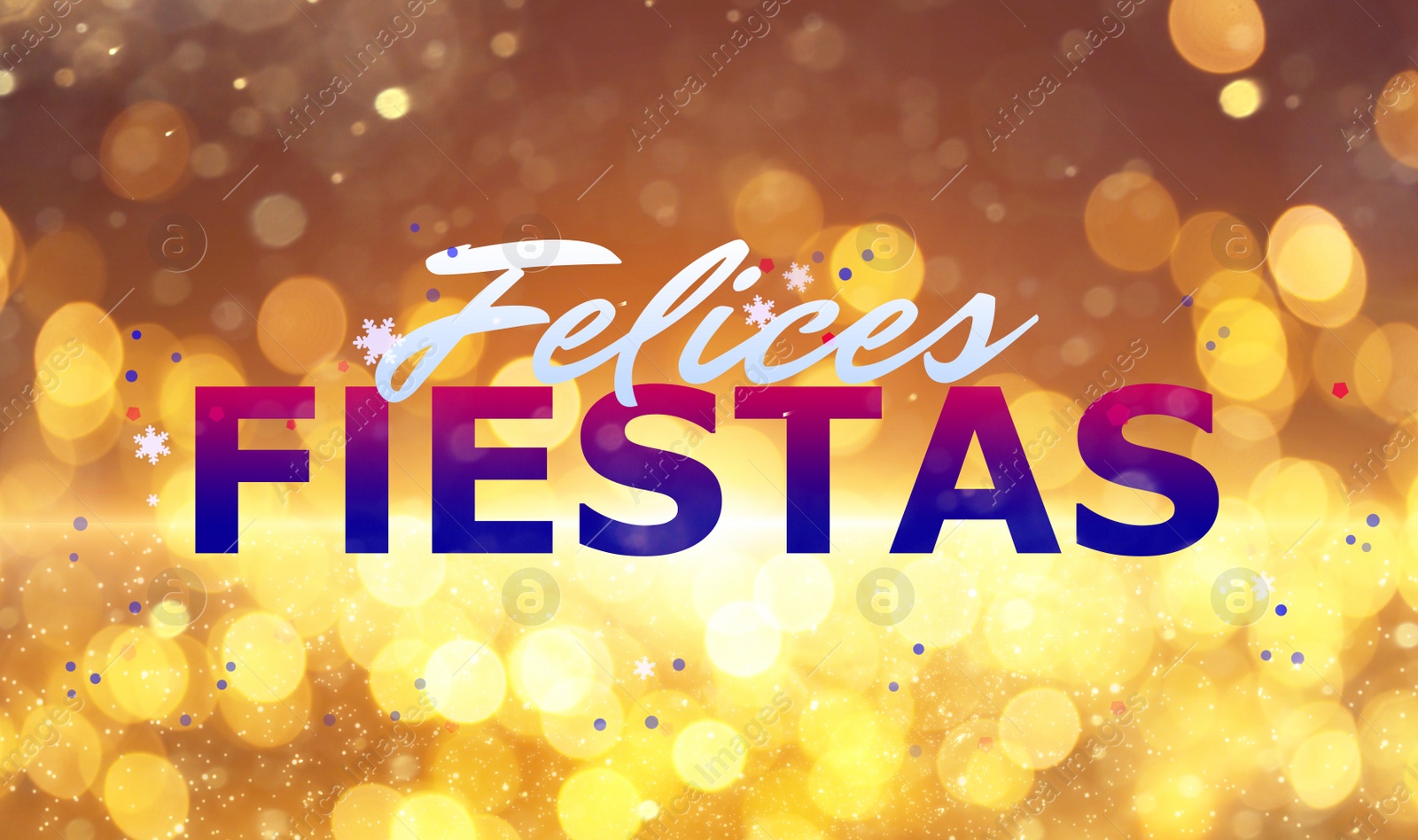 Image of Felices Fiestas. Festive greeting card with happy holiday's wishes in Spanish on bright background