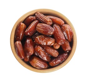 Photo of Tasty sweet dried dates in wooden bowl on white background, top view