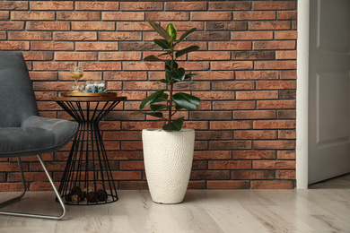 Photo of Stylish room interior with beautiful plant and side table near brick wall