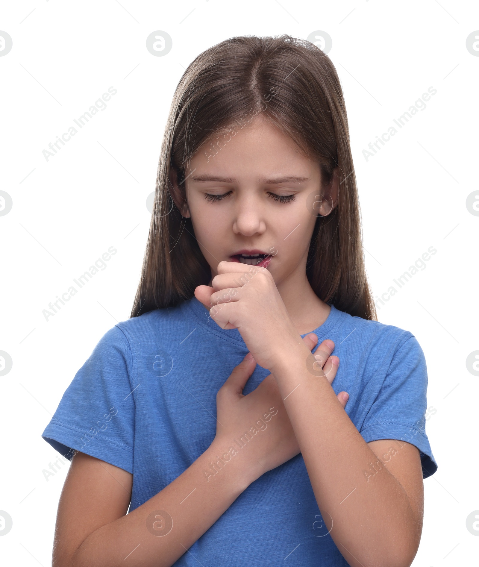 Photo of Sick girl coughing on white background. Cold symptoms