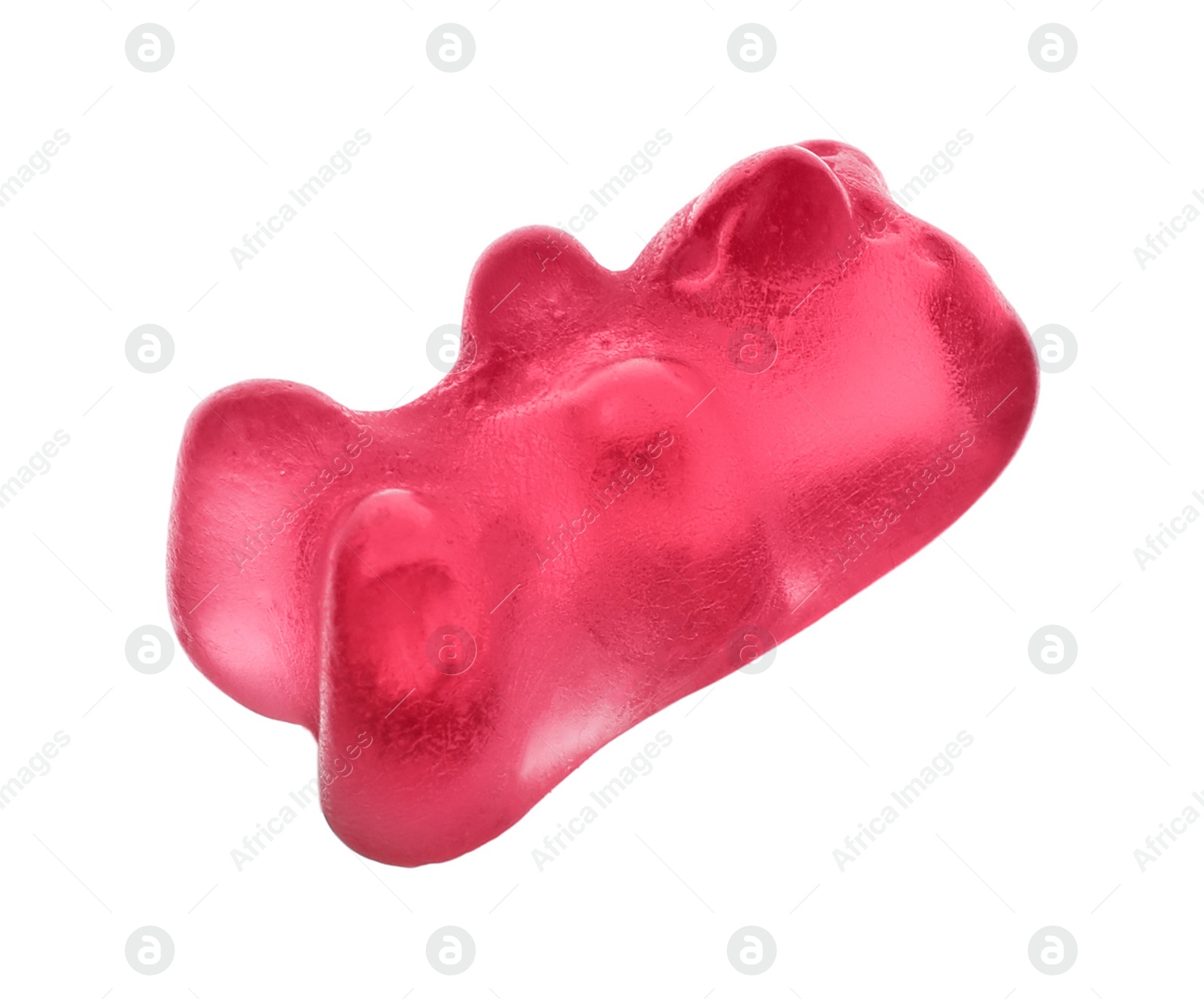 Photo of Delicious pink jelly bear on white background