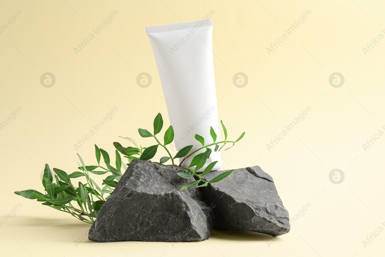 Photo of Woman with tube of cream, branches and stones on light yellow background, closeup