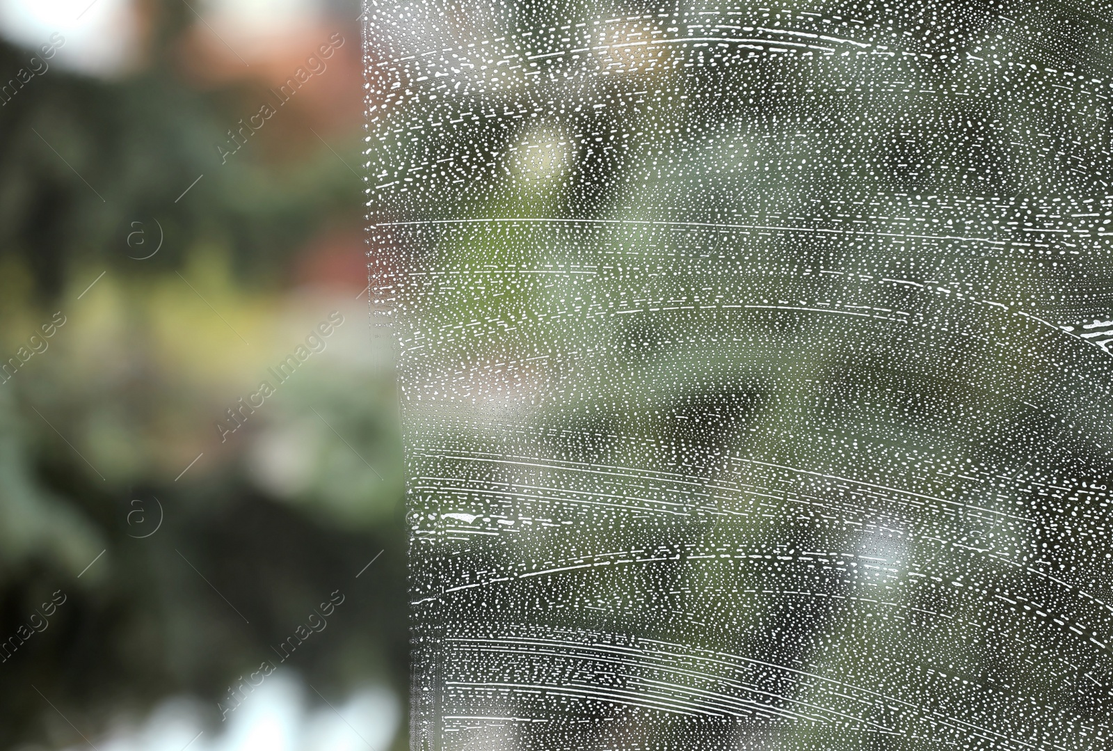 Photo of Cleaning foam on window glass, closeup view