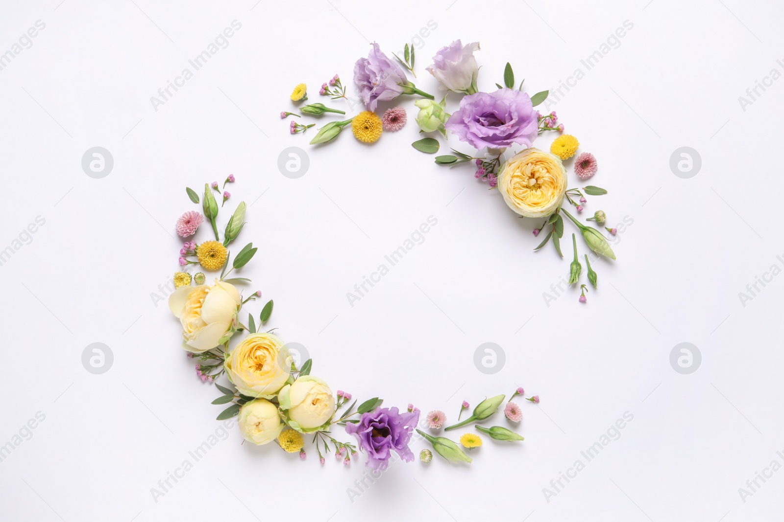 Photo of Wreath made of beautiful flowers and green leaves on white background, flat lay. Space for text