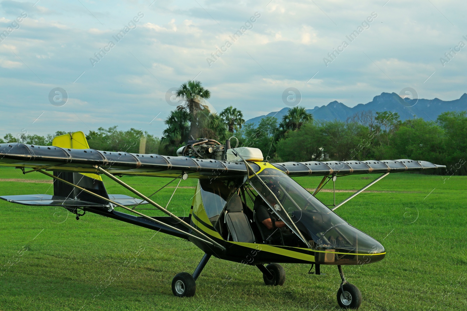 Photo of Modern colorful airplane on green grass outdoors