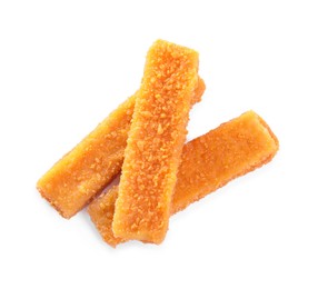 Photo of Fresh breaded fish fingers on white background, top view