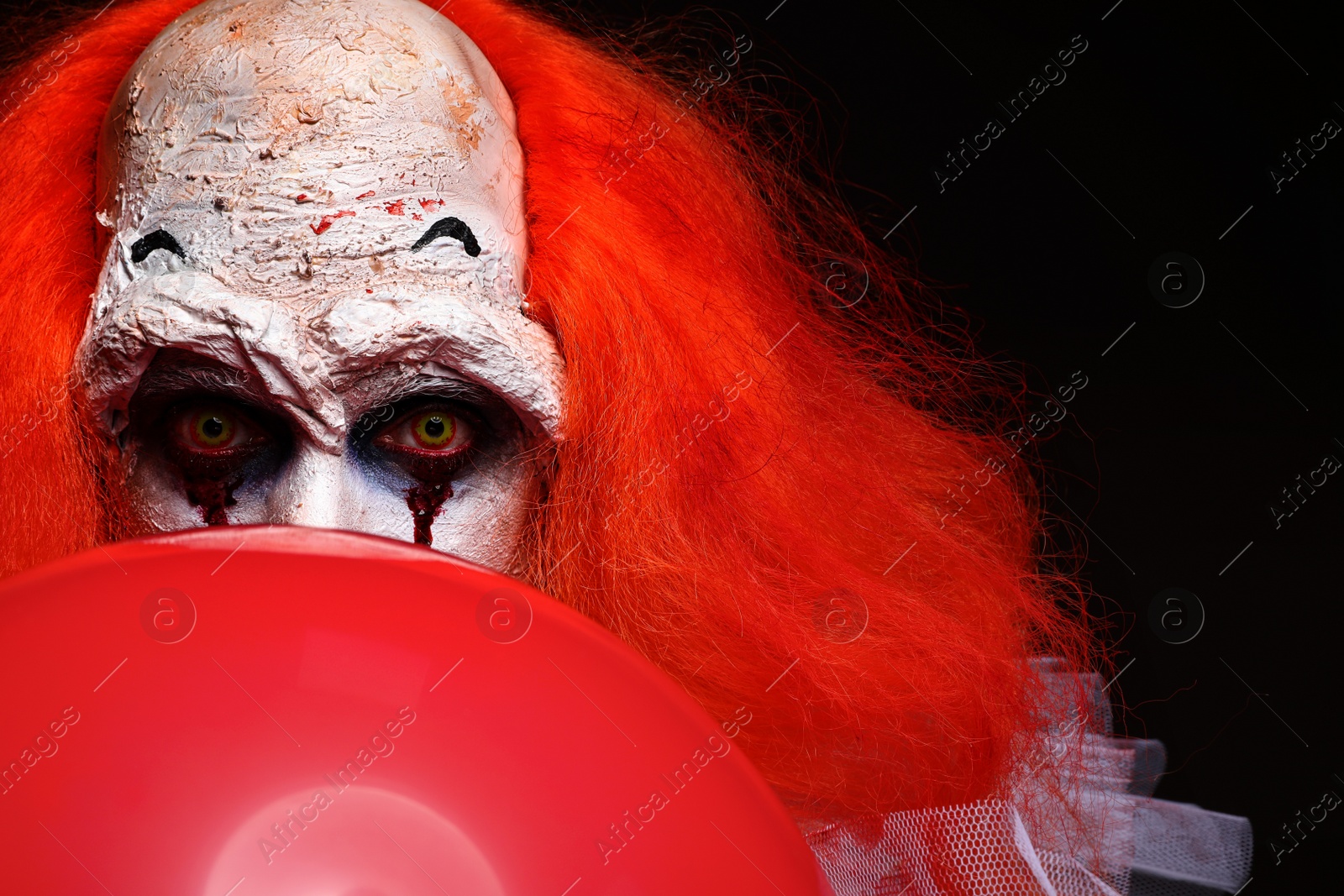 Photo of Terrifying clown with red air balloon on black background. Halloween party costume