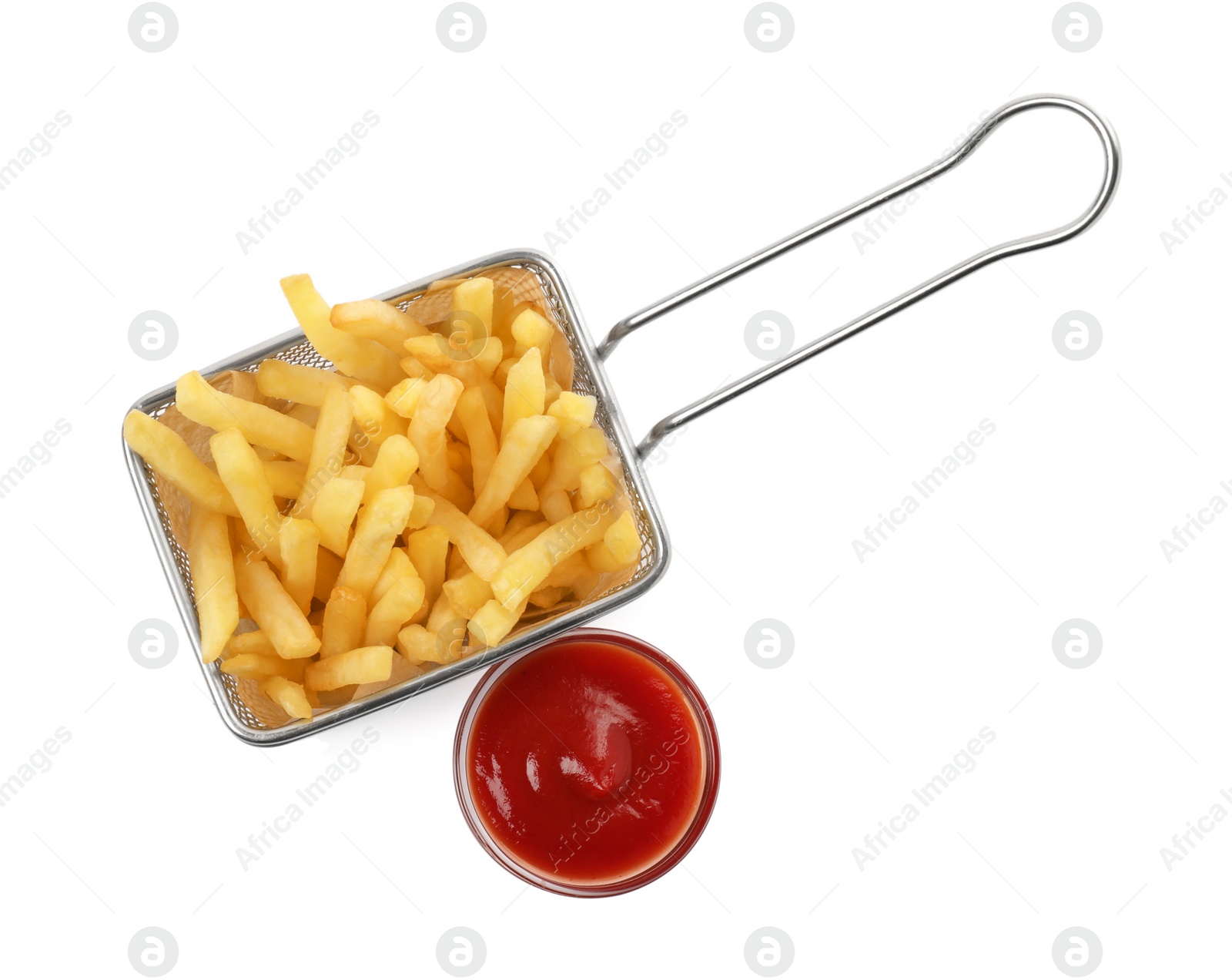 Photo of Tasty french fries with ketchup on white background, top view