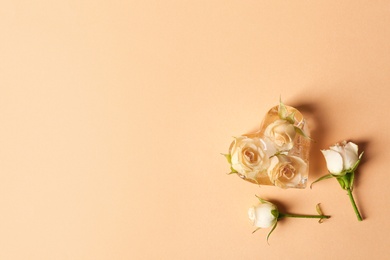 Photo of Heart shaped ice cube with roses on color background, top view. Space for text