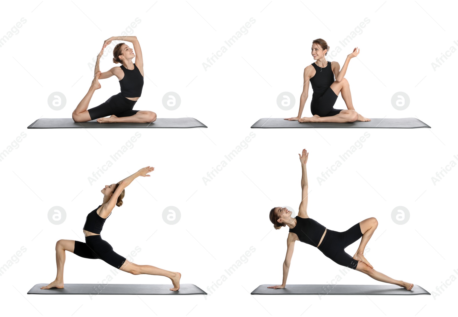 Image of Young woman practicing yoga on white background, collage 