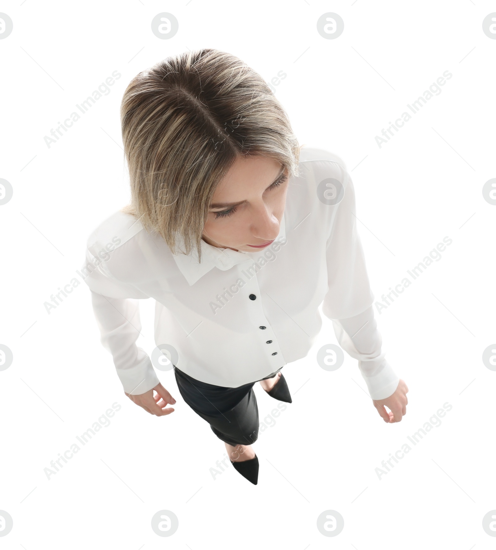 Photo of Young woman on white background, above view