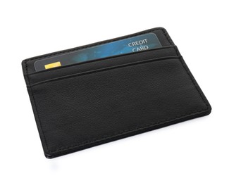 Photo of Black card holder with plastic credit card isolated on white