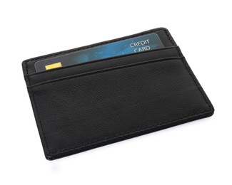 Black card holder with plastic credit card isolated on white