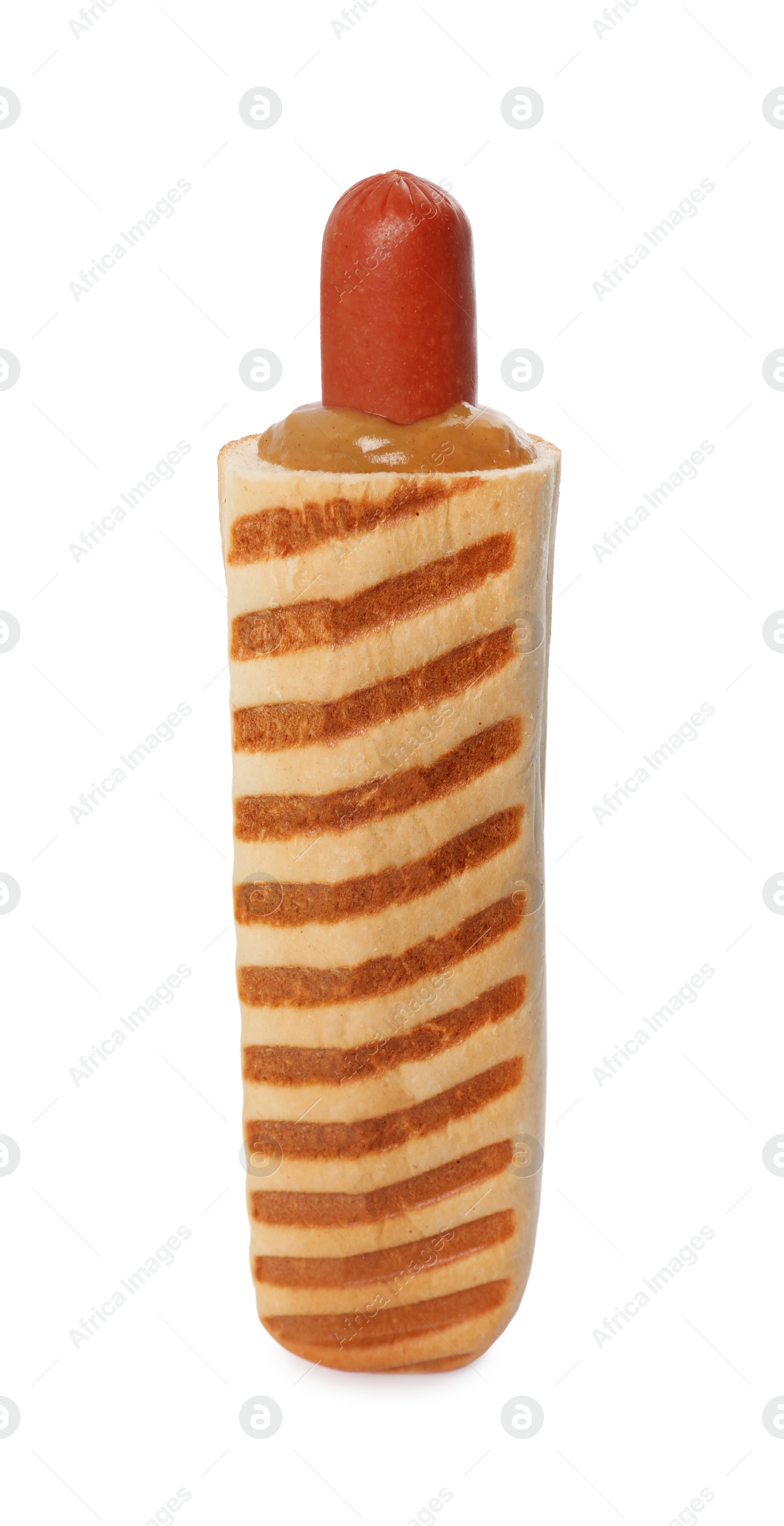Photo of Tasty french hot dog with mustard isolated on white