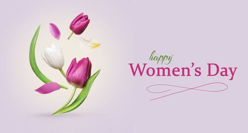 Image of Happy Women's Day greeting card design with beautiful flowers on light violet background
