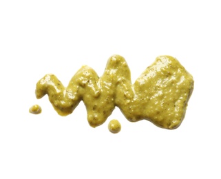 Delicious pesto sauce on white background, top view