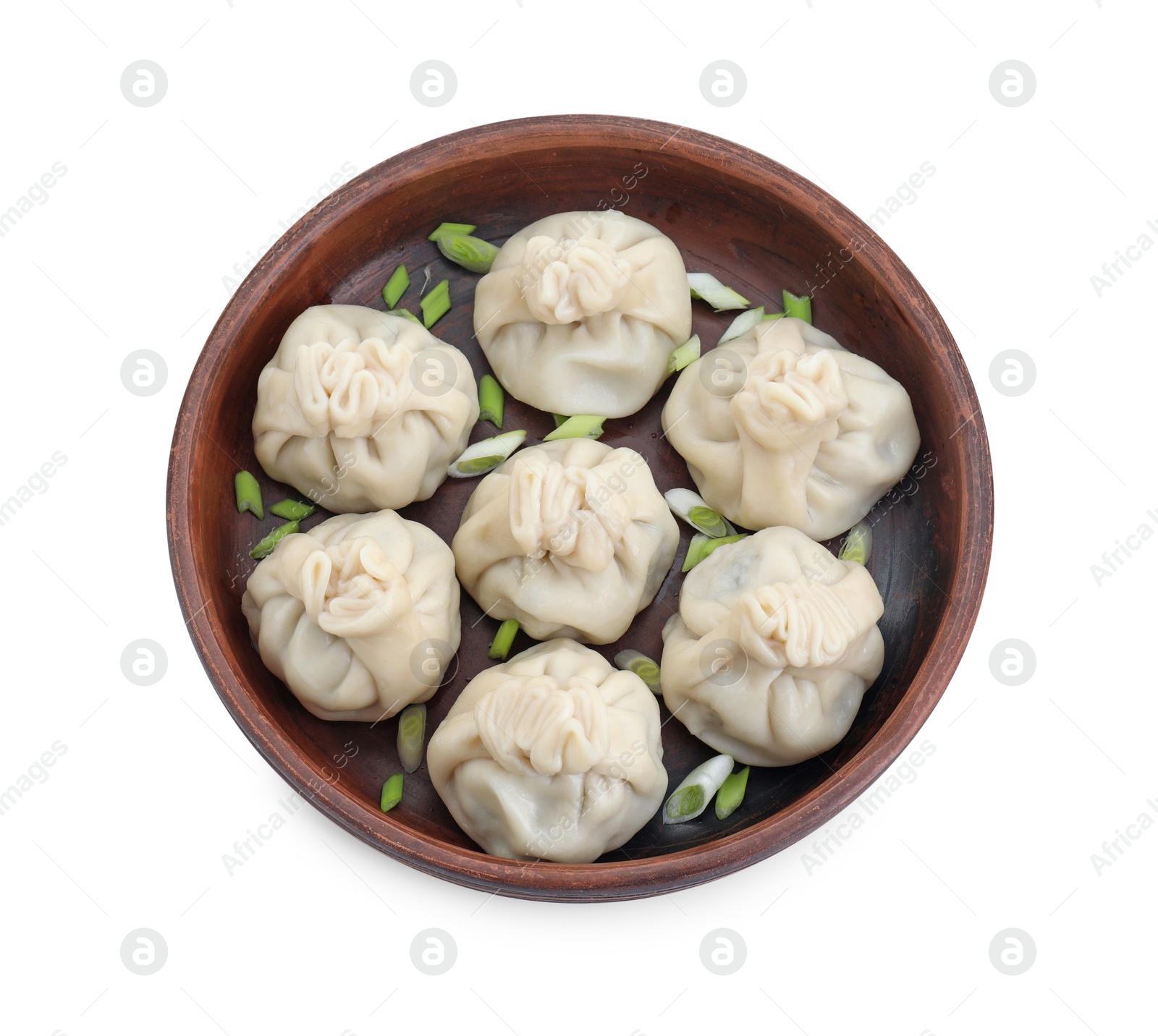 Photo of Tasty fresh khinkali (dumplings) with onion in bowl isolated on white, top view. Georgian cuisine