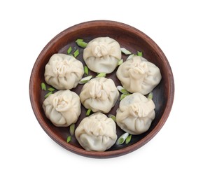 Tasty fresh khinkali (dumplings) with onion in bowl isolated on white, top view. Georgian cuisine