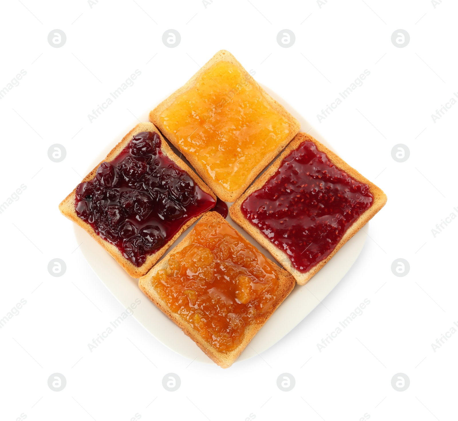 Photo of Toasts with different tasty jams on white background, top view