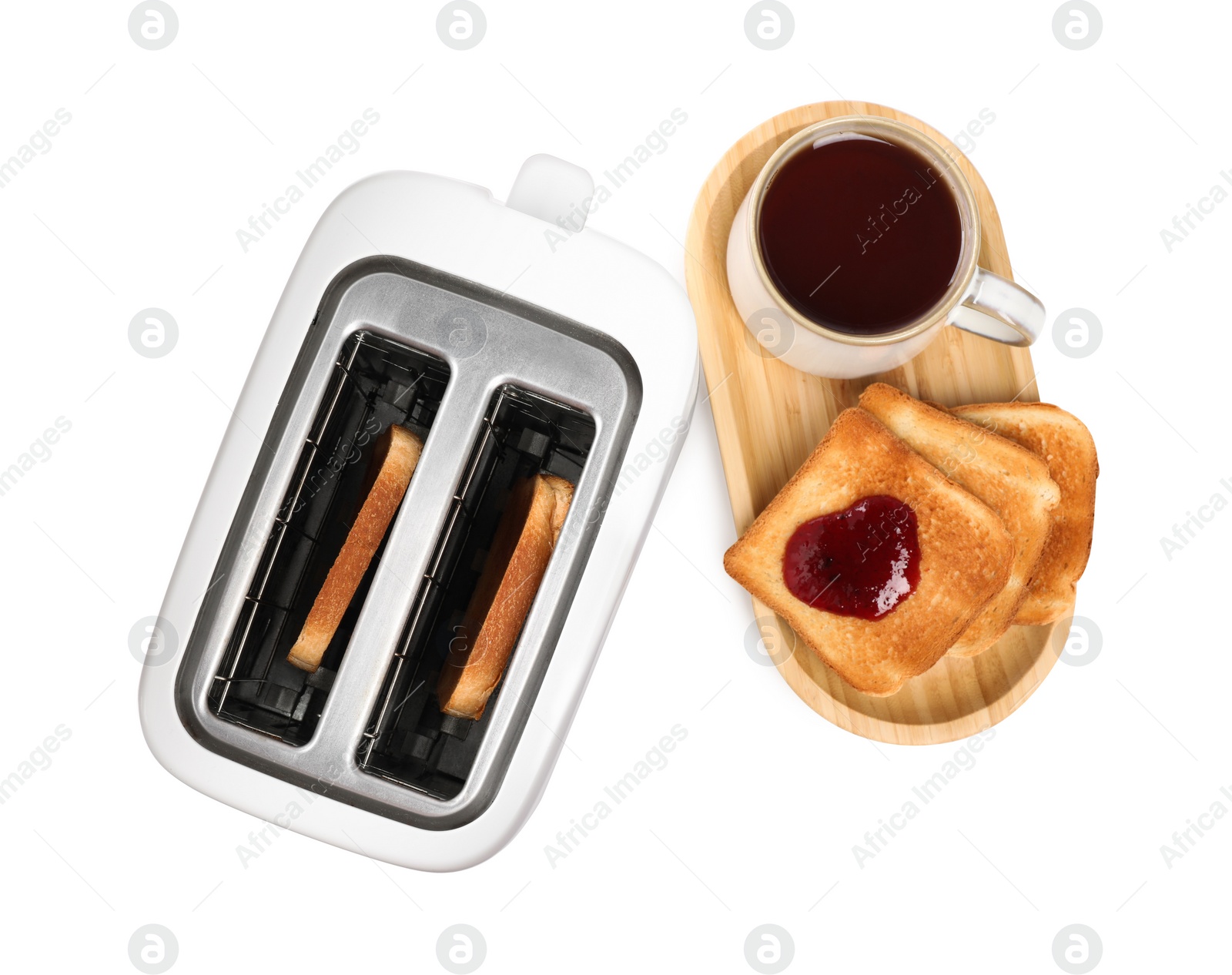 Photo of Toaster with roasted bread, jam and tea on white background, top view