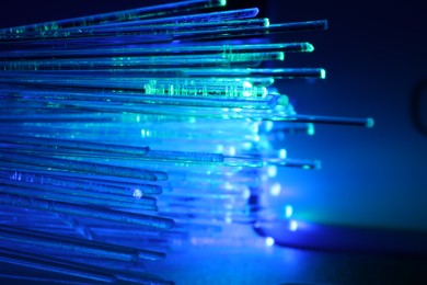 Photo of Optical fiber strands transmitting different color lights against blurred background, macro view