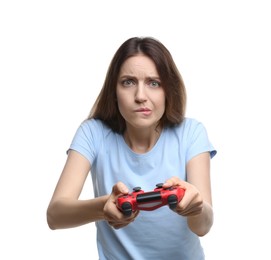 Photo of Emotional woman playing video game with controller on white background