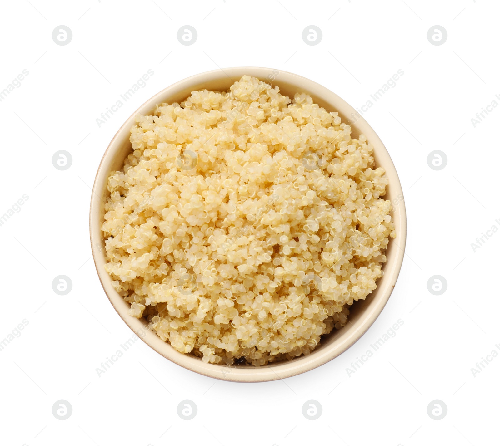 Photo of Tasty cooked quinoa in bowl isolated on white, top view