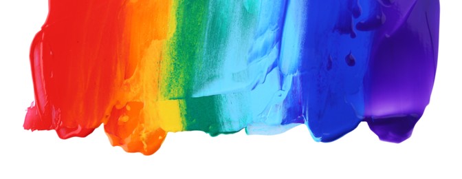 Multicolored paint samples on white background, top view