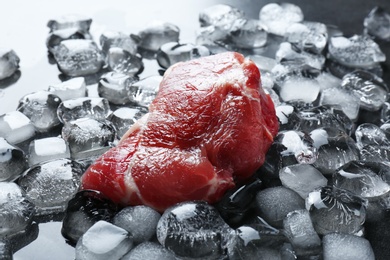 Raw meat and ice cubes on table