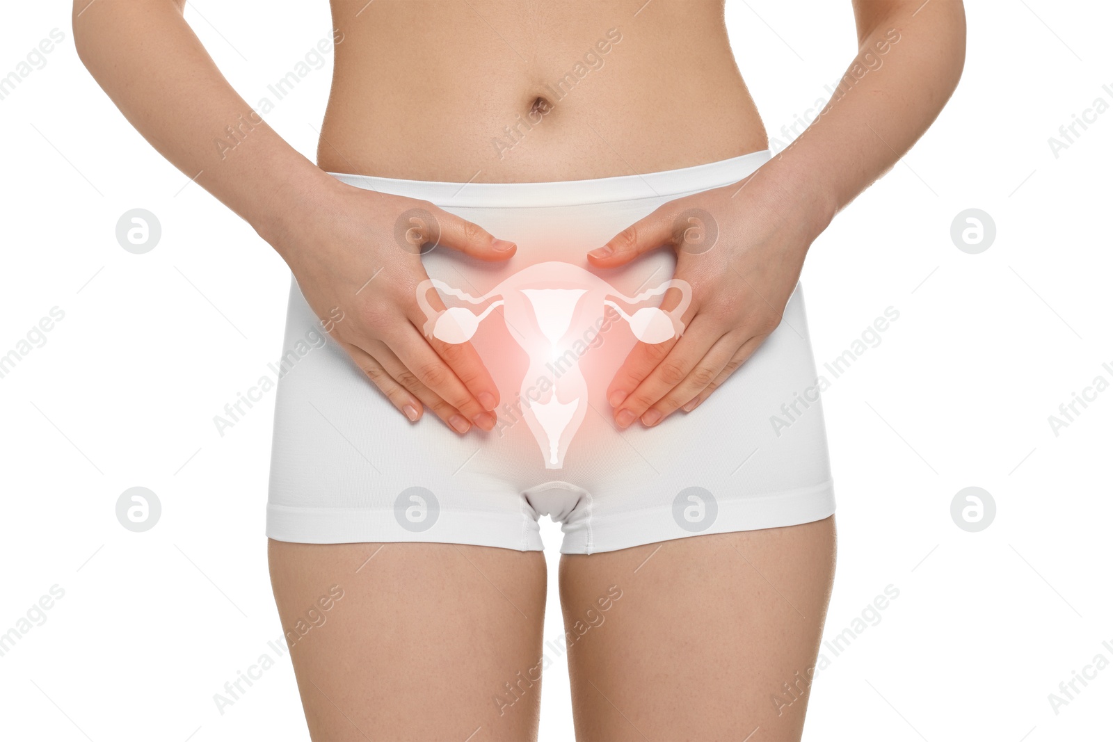 Image of Woman in underwear and illustration of reproductive system on white background, closeup