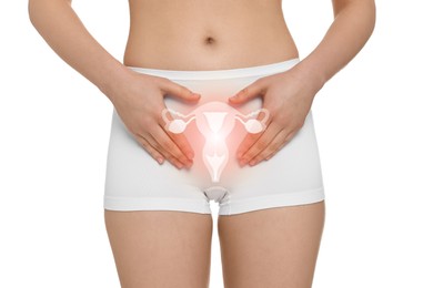 Woman in underwear and illustration of reproductive system on white background, closeup